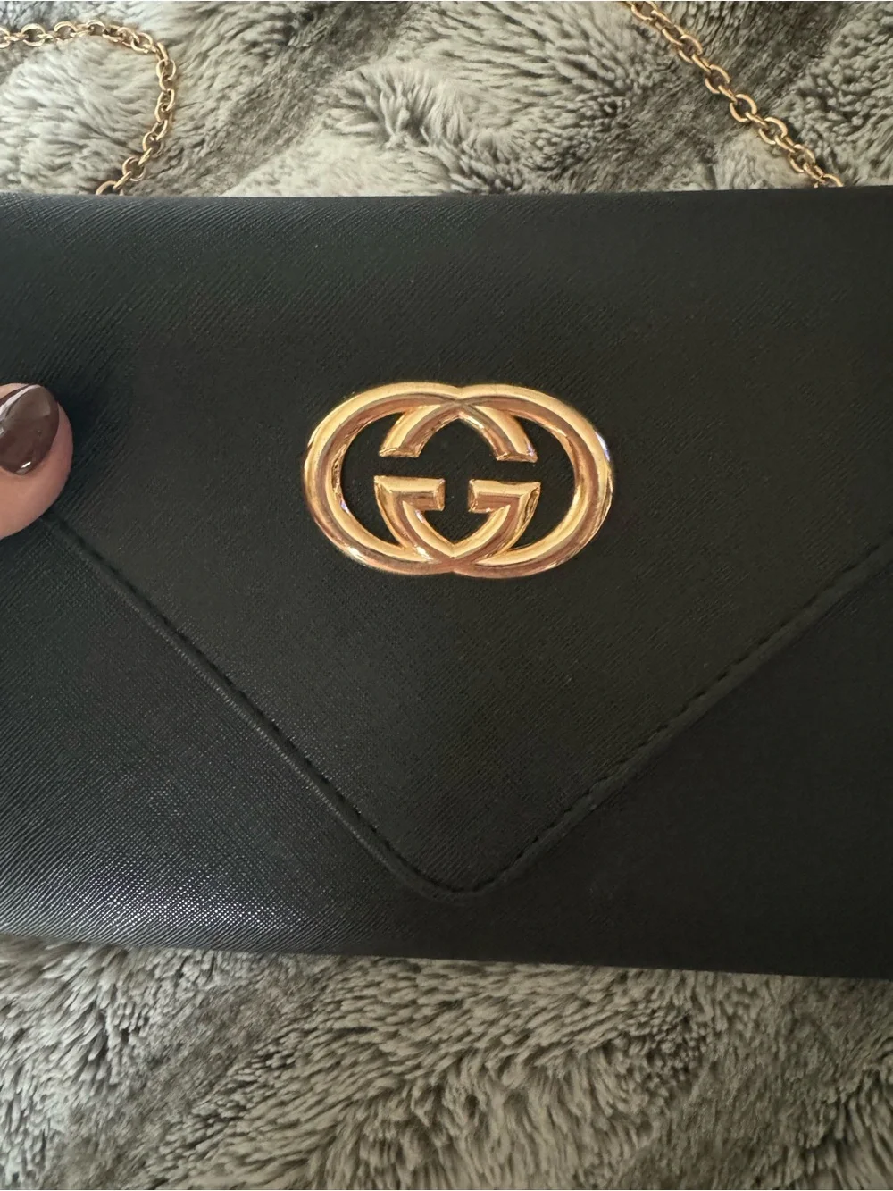 Gucci Black Leather Envelope Clutch with Gold Chain